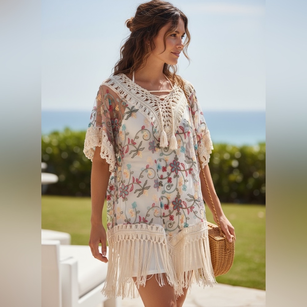 Asha Floral Embroidered Sheer Cover-Up